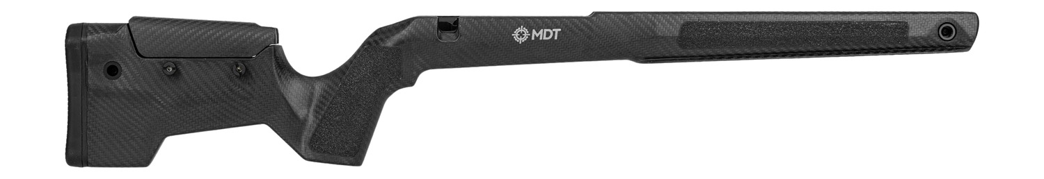 Black MDT rifle stock on white background