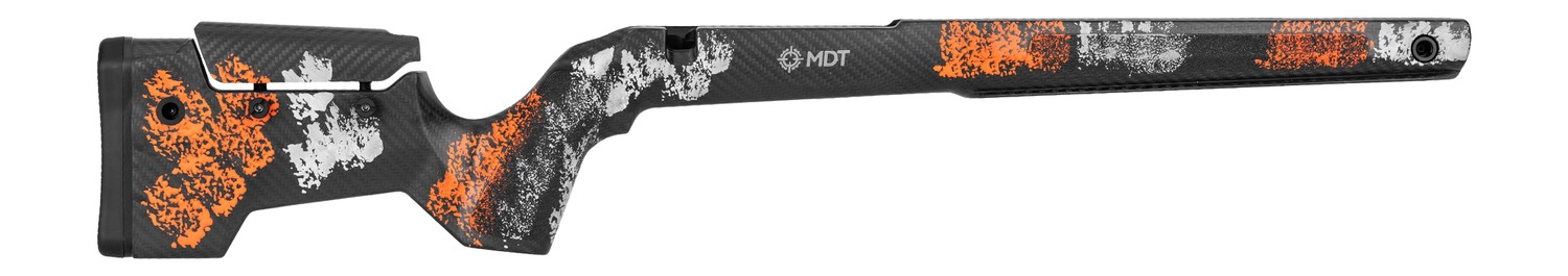 Black rifle stock with orange splatter camo