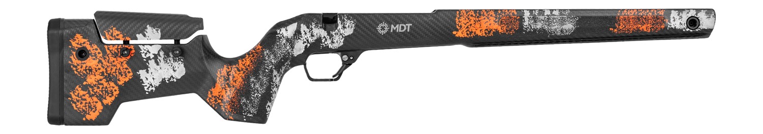 Carbon fiber rifle stock with orange camo accents