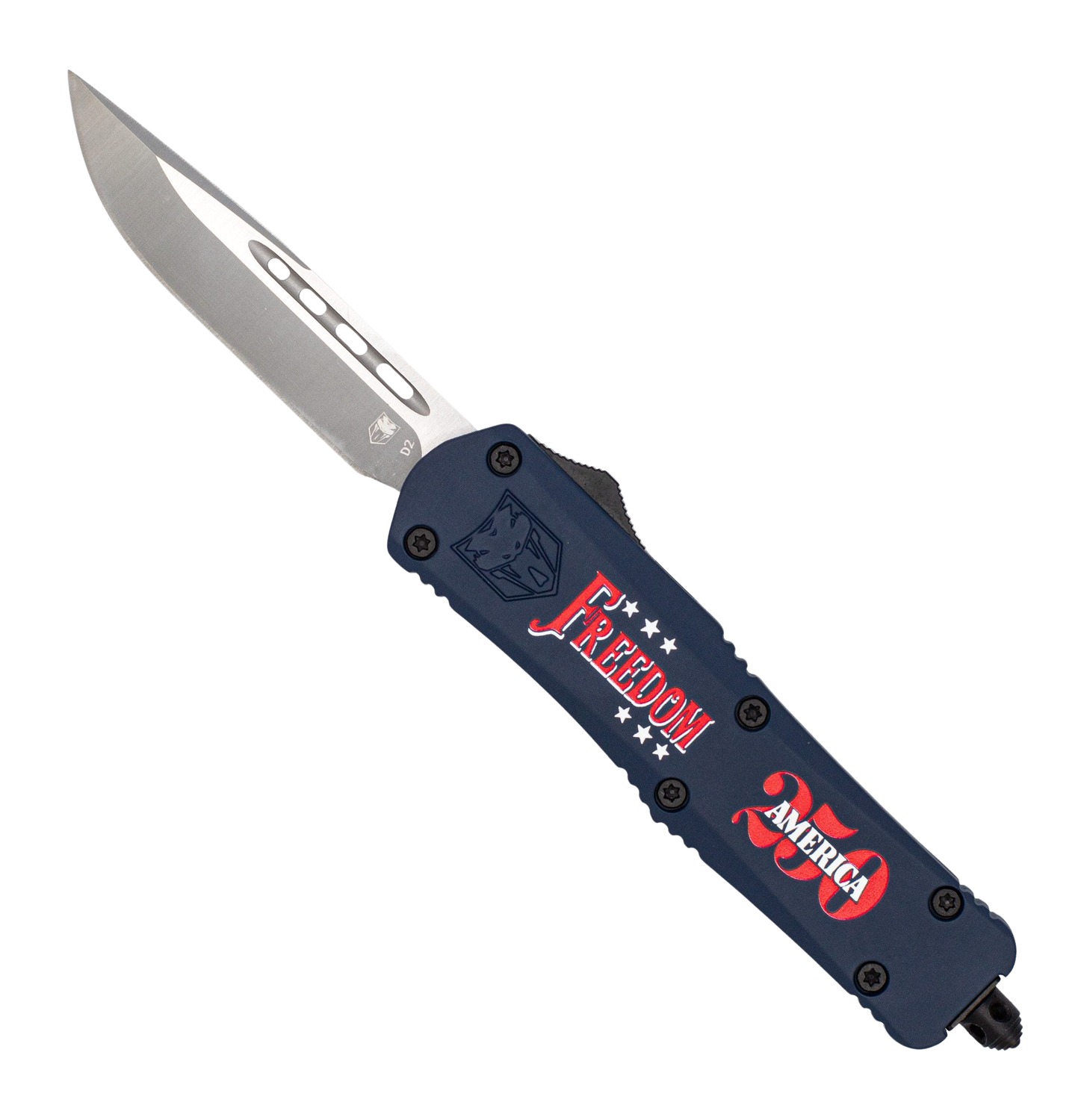 Blue-handled folding knife with patriotic Freedom design