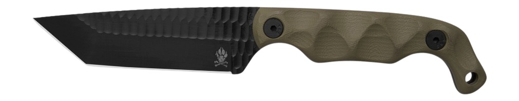 Black tactical knife with green textured handle