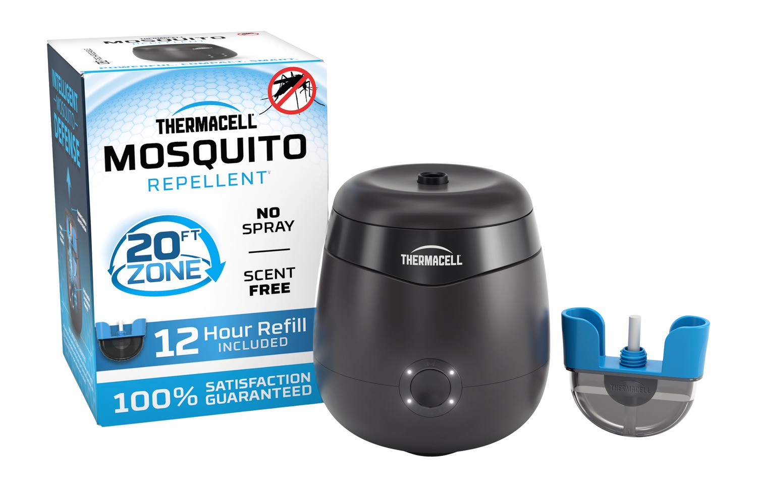 Thermacell mosquito repellent device with refill and box