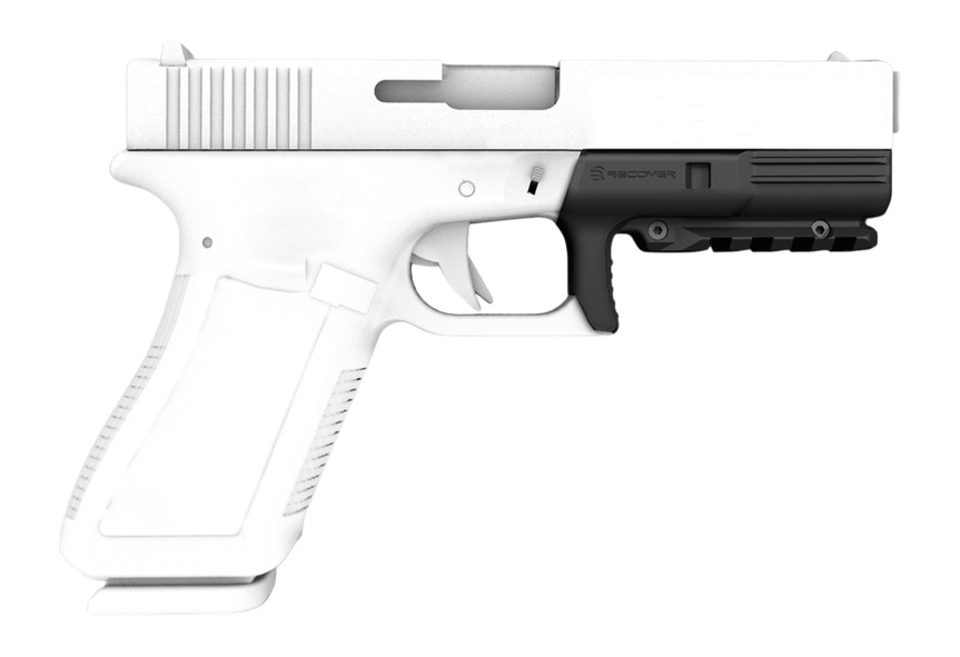 White handgun with black rail-mounted accessory