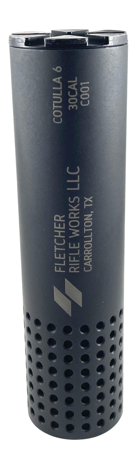 Black 30-caliber rifle suppressor with perforated base