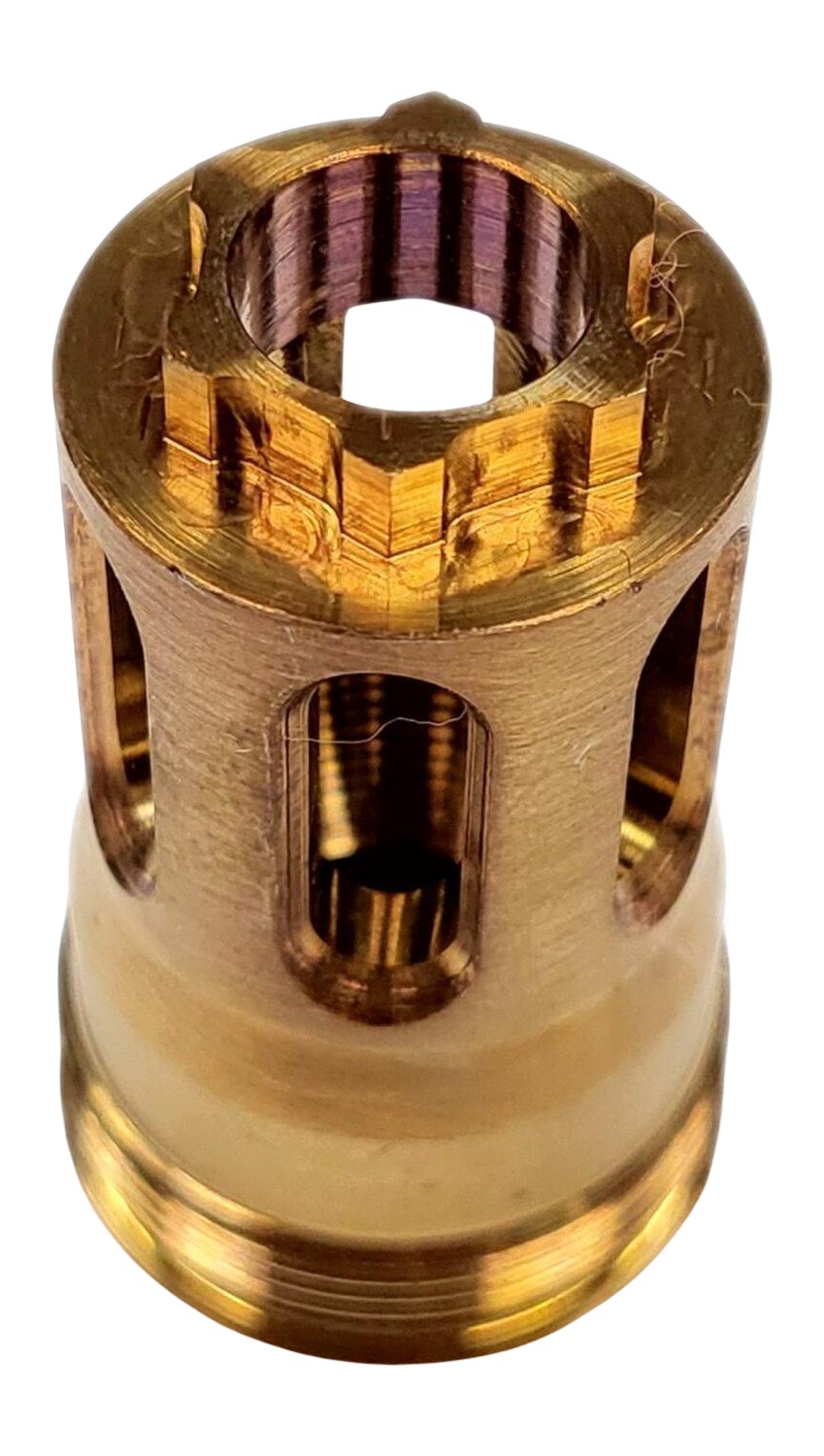 Brass precision-machined cylindrical component with slots
