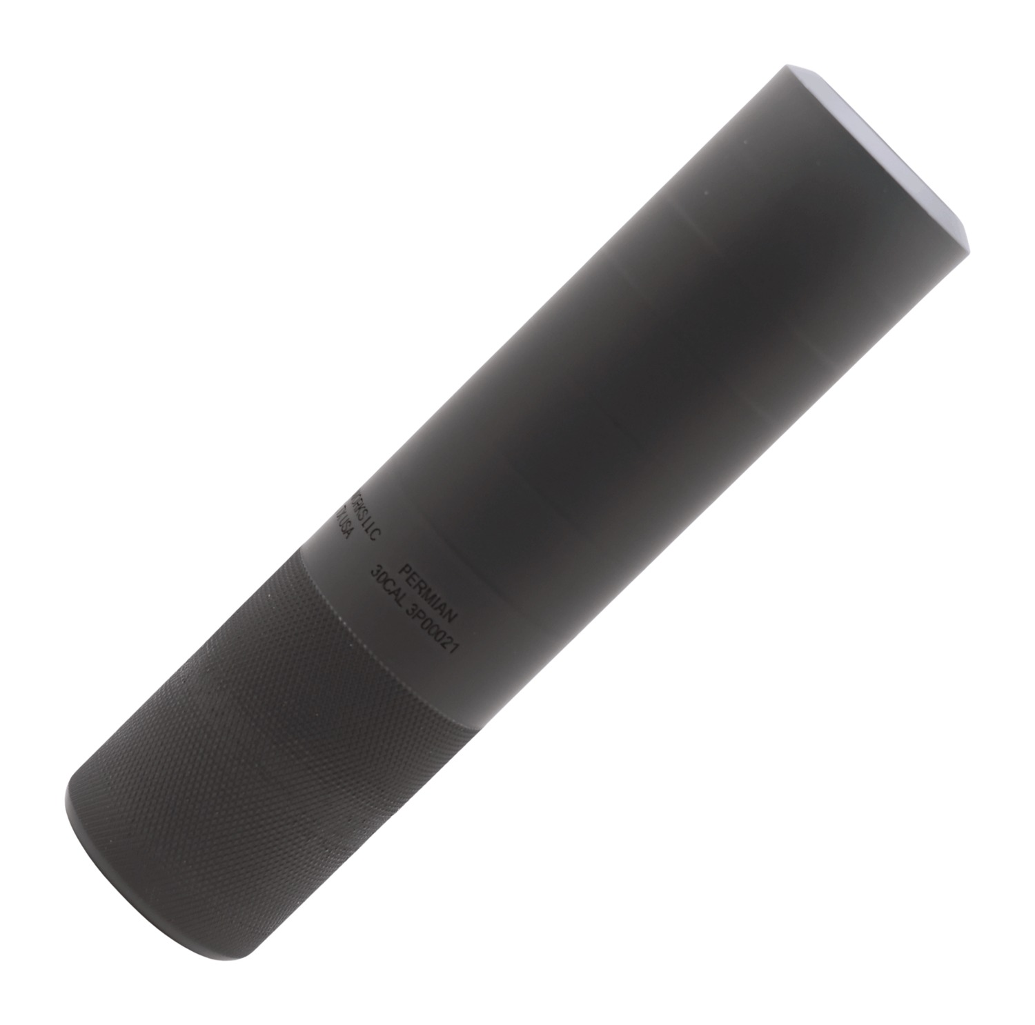 Black cylindrical metal suppressor on white background