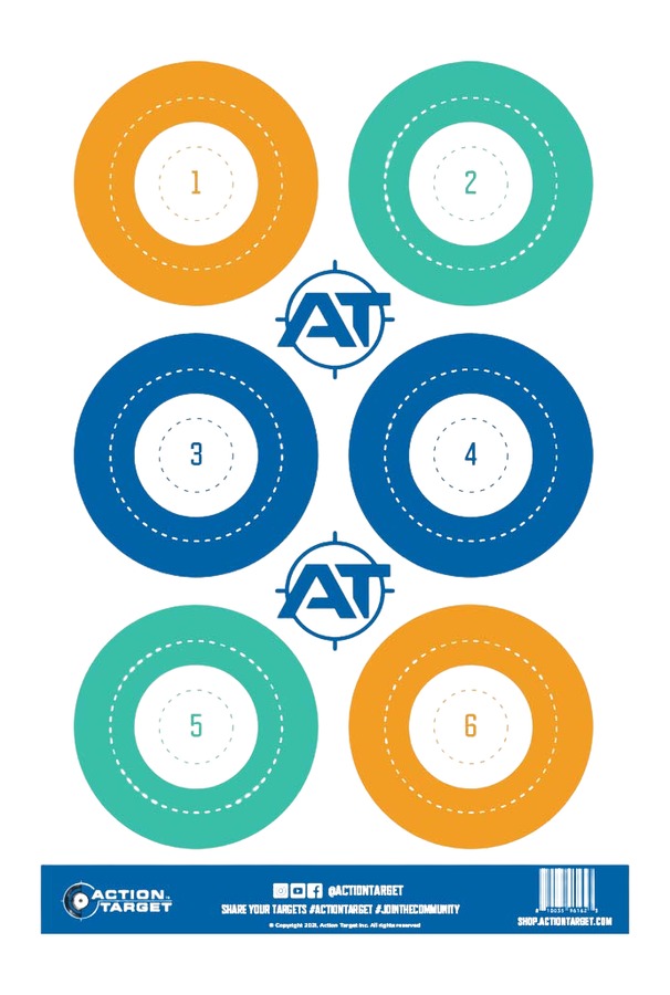 Six numbered colorful shooting targets with AT logo