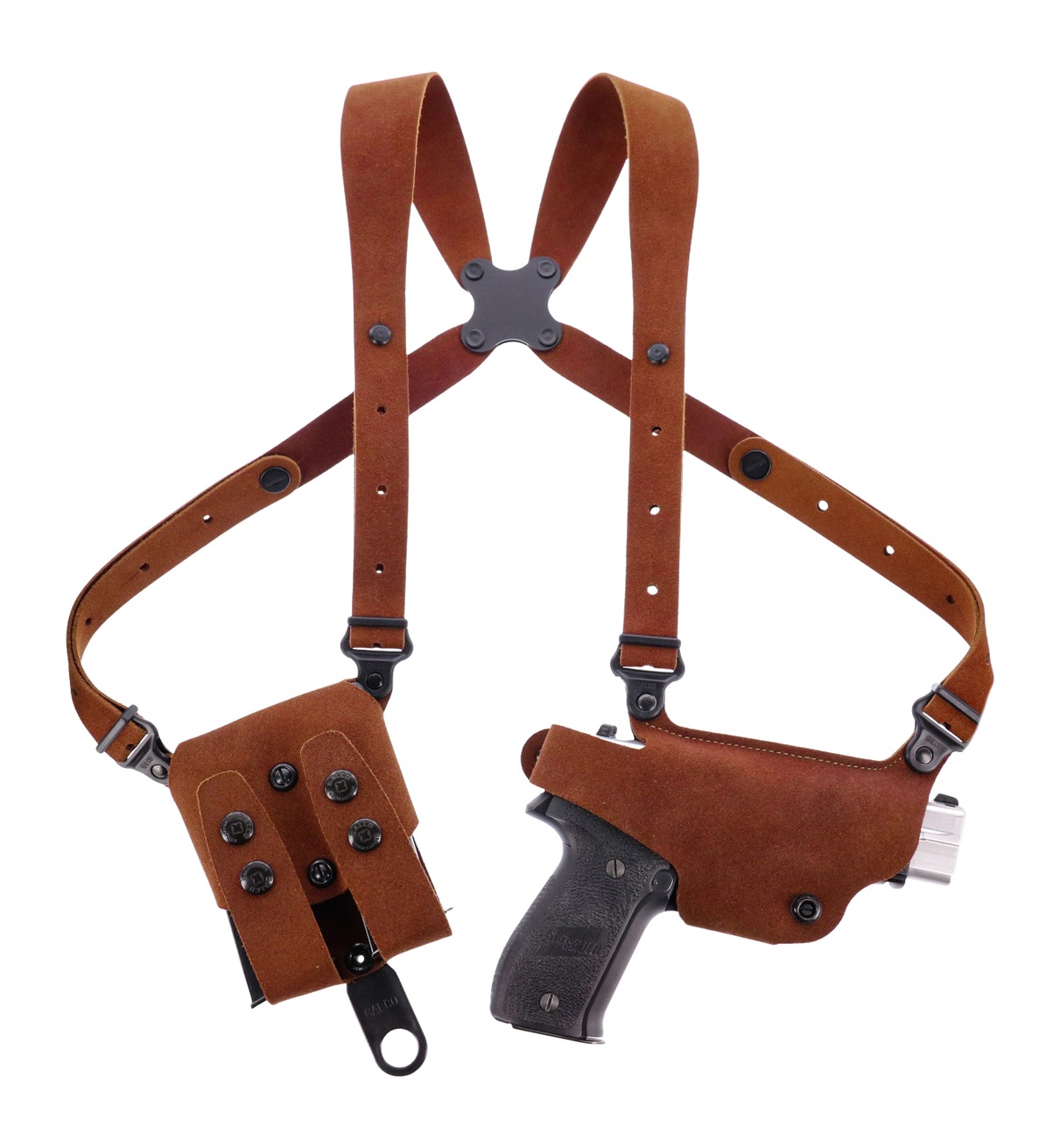 Brown leather shoulder holster with handgun and magazine pouch