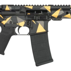 Black and gold patterned AR-style rifle