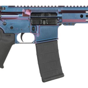 Iridescent AR-style rifle with short barrel and brace