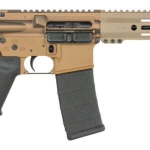 Tan and black AR-style rifle on white background