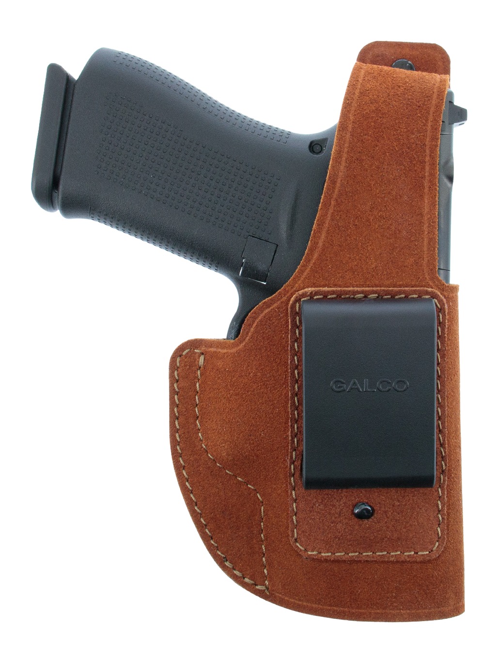 Handgun in brown leather belt holster