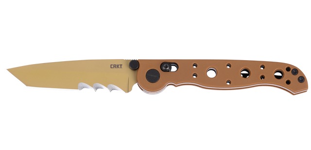 Tan partially serrated folding knife with brown handle