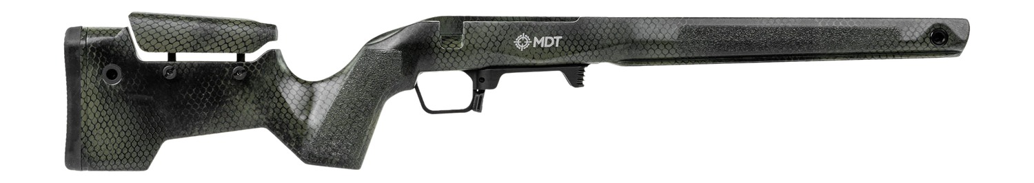 MDT rifle stock with hex camo pattern