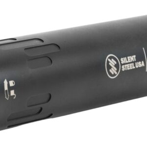 Black firearm suppressor with threaded metal opening