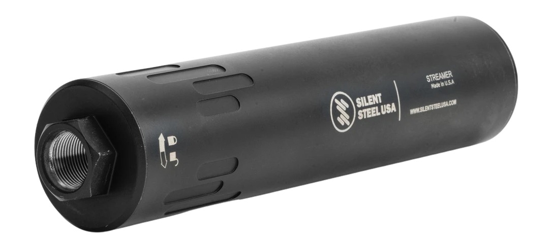 Black firearm suppressor with threaded metal opening