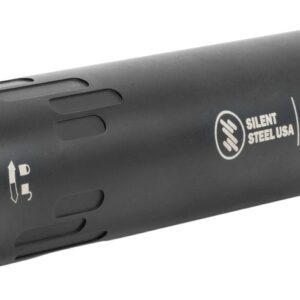 Black firearm suppressor with threaded metal opening