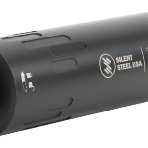 Black cylindrical firearm suppressor with threaded end