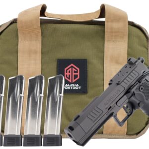 Handgun with magazines and green carrying case