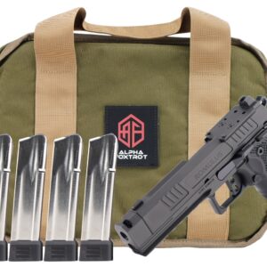 Handgun with magazines and green carrying case