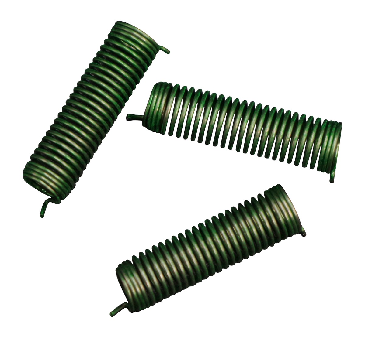 Three green metal coil springs on white background