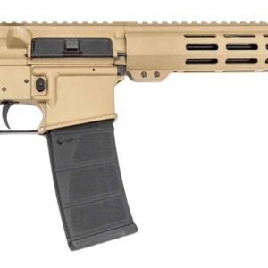 Tan and black AR-15 style rifle