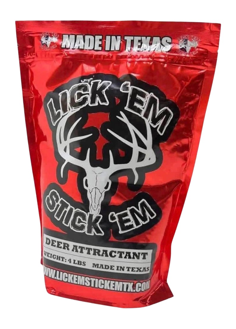 Red bag of Lick 'Em Stick 'Em deer attractant