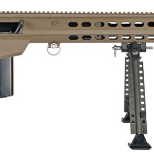 Large tan sniper rifle with bipod