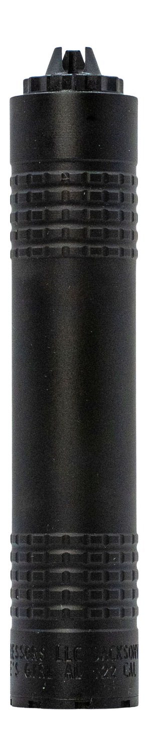 Black cylindrical firearm suppressor with textured grip