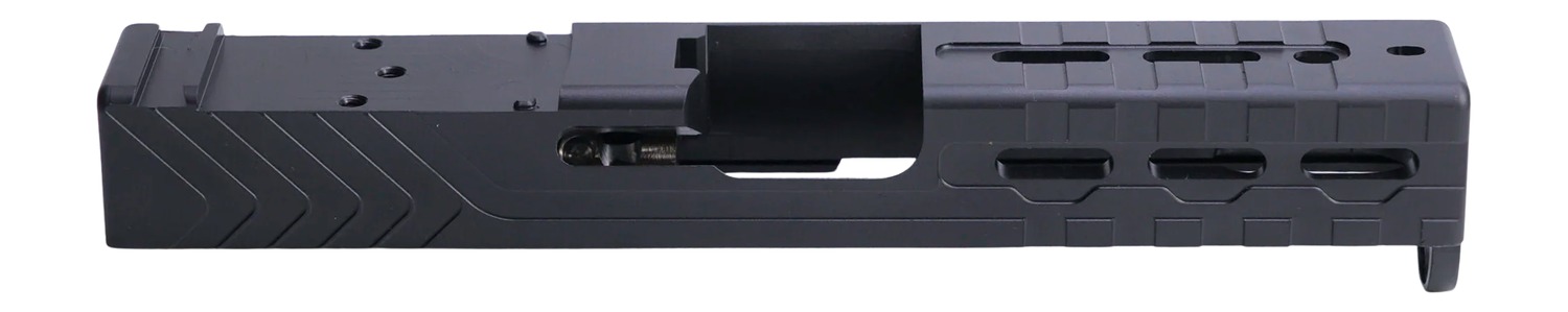 Black pistol slide with serrations and cutouts