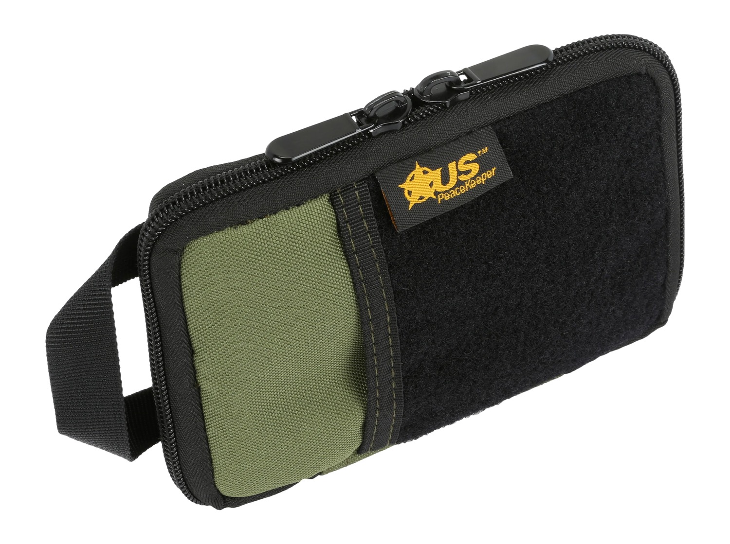 Black and olive zippered utility pouch with handle
