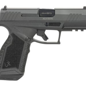 Black semi-automatic handgun on white background