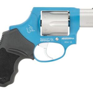 Compact blue and silver revolver on white background