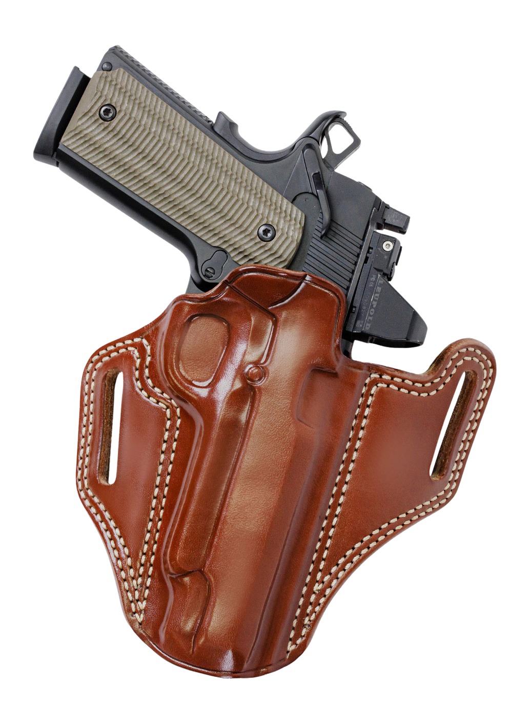 Handgun in brown leather holster on white background
