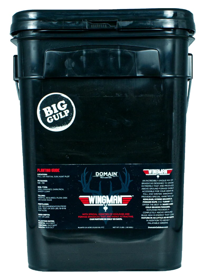 Black plastic bucket labeled Wingman seed mix