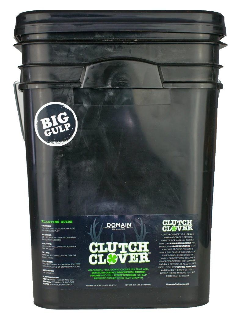 Black Big Gulp bucket of Clutch Clover seed