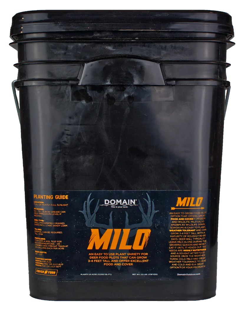 Black plastic bucket of Domain Milo seeds