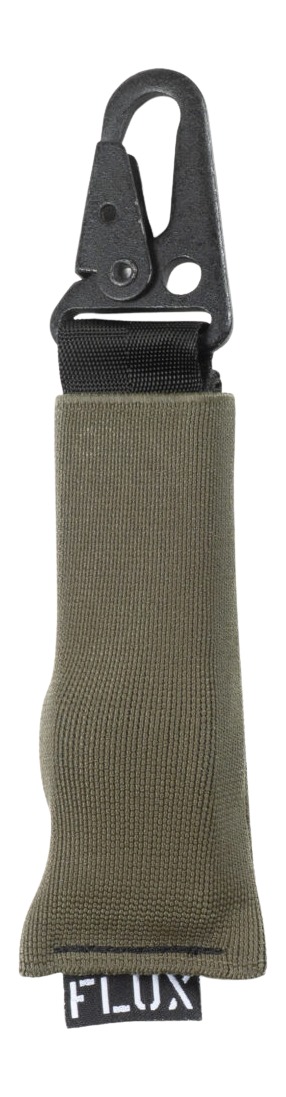Black carabiner attached to olive fabric strap