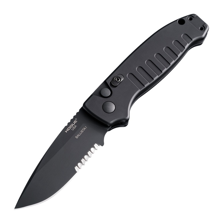 Black folding knife with partially serrated blade