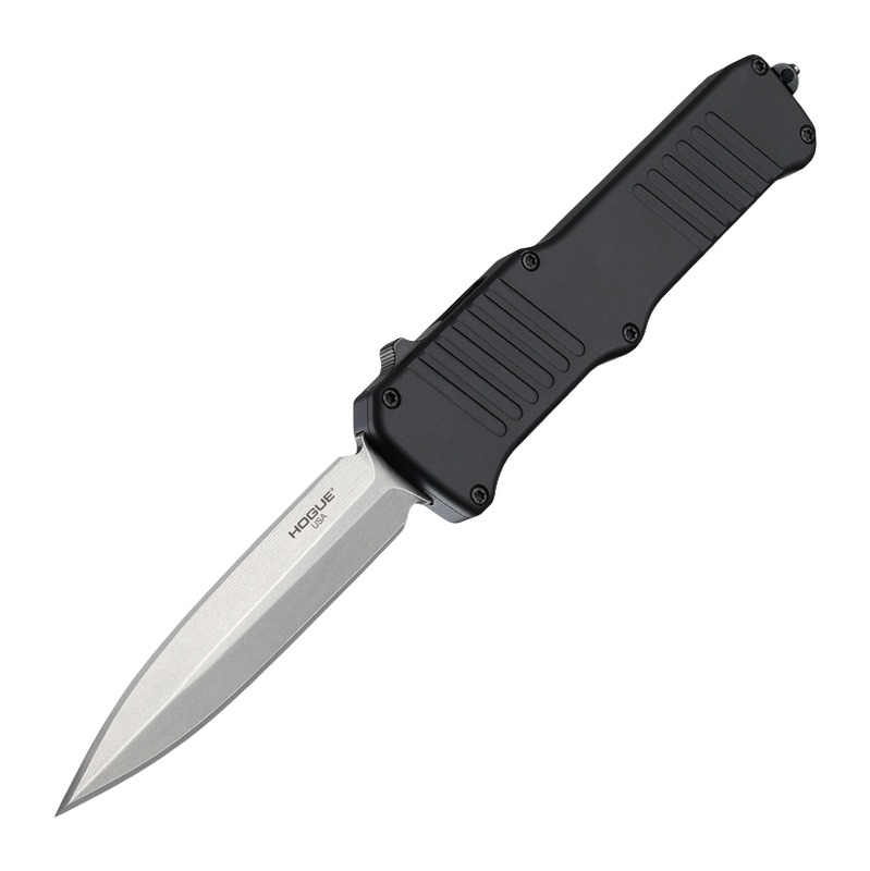 Black-handled folding knife with silver blade