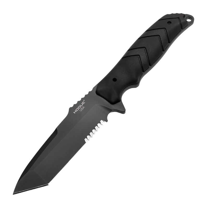 Black tactical fixed-blade knife with serrations