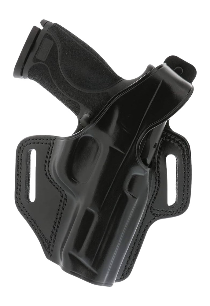Black handgun in molded belt holster