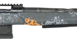 Camouflage bolt-action rifle with long barrel and muzzle brake