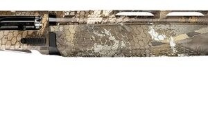 Camouflaged semi-automatic shotgun on white background