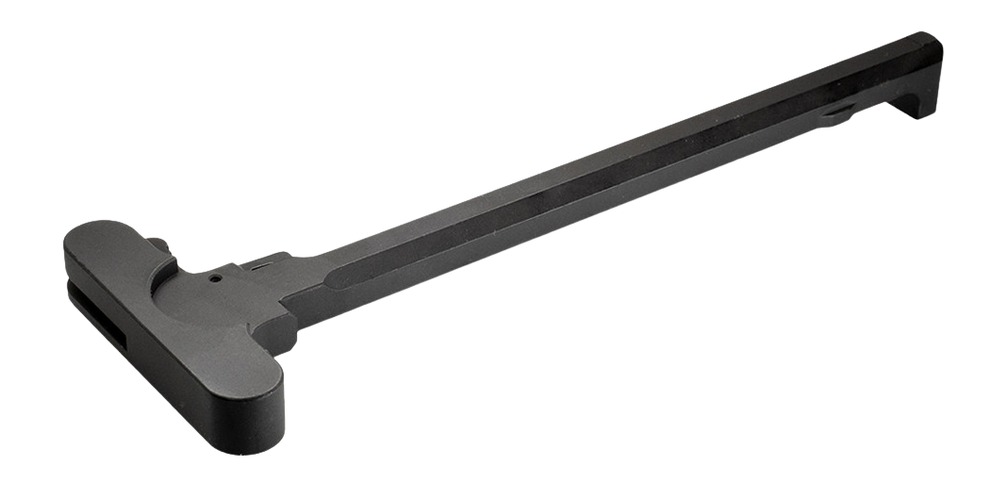 Black metal rifle charging handle on white background