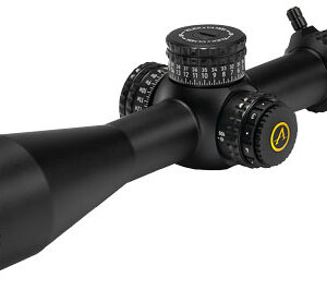Black tactical rifle scope on white background
