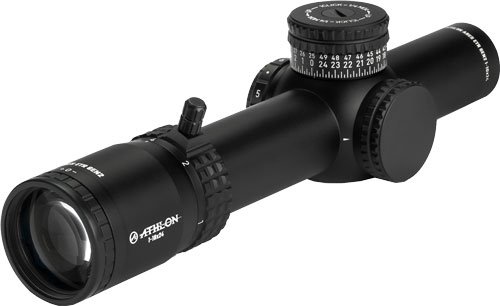 Black tactical rifle scope on white background