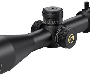 Black rifle scope with adjustment turrets and green lens
