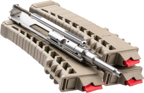 Rifle bolt carrier group on tan storage cases