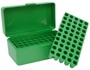 Green plastic ammo storage box with tray